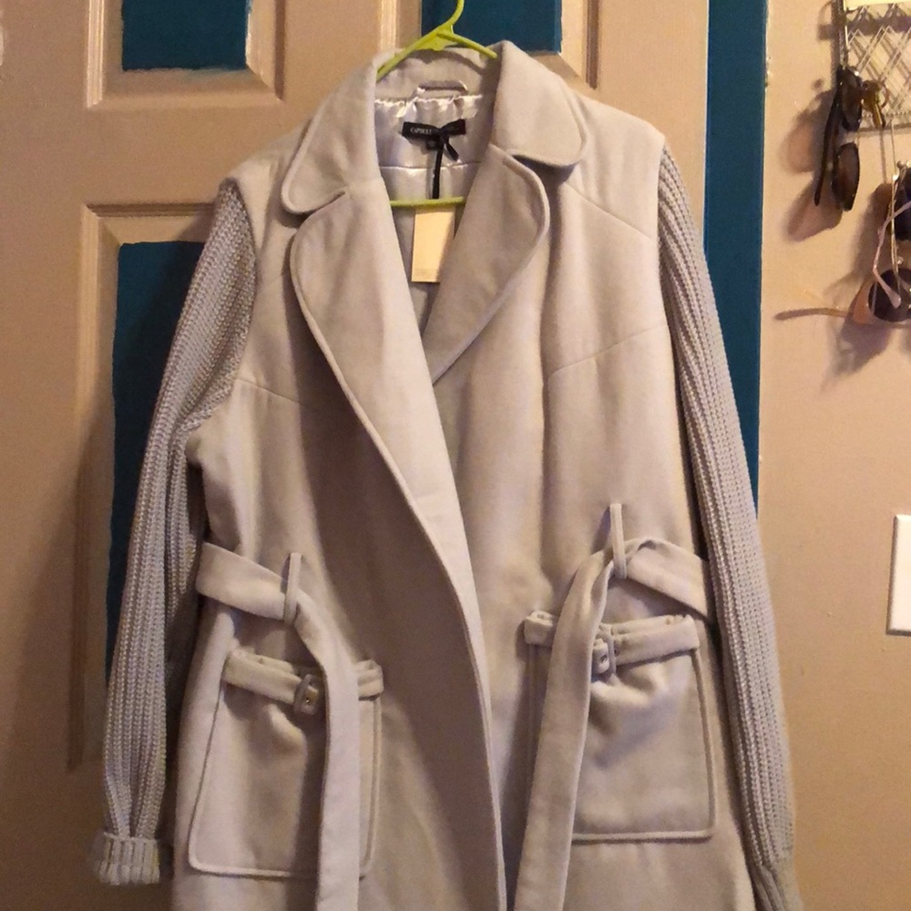 Grey, wool cable knit, trench coat